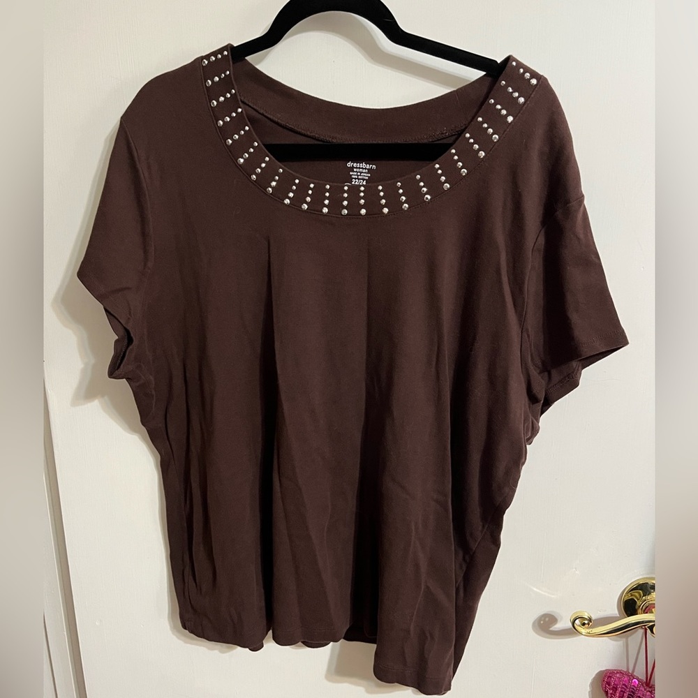Brown Studded Neck Short Sleeve Women's Top